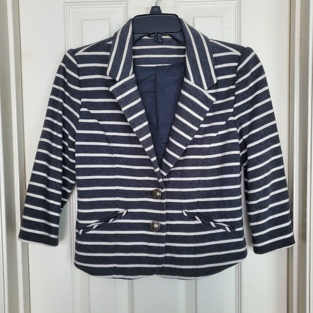 Cotton Blazer Grey White Striped Knit Structured Professional Workwear Preppy S